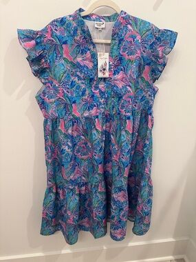 Magic Kingdom Designs Boutique NWT Blue Pink Floral Cotton Flutter-Sleeve Dress